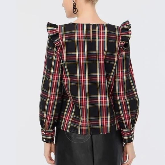 J.Crew Size PM Plaid Ruffle Shoulder Top | Holiday Tartan Blouse Long Sleeve - Picture 5 of 14